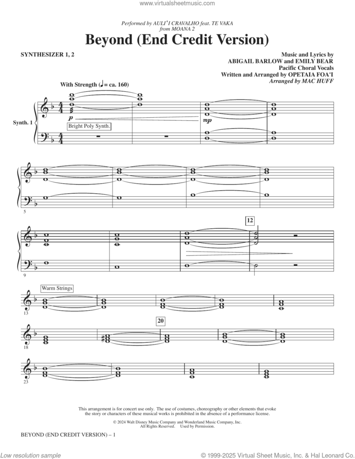 Beyond (End Credit Version) (arr. Mac Huff) sheet music for orchestra/band (synthesizer 1 and 2) by Opetaia Foa'i, Mac Huff, Abigail Barlow and Emily Bear, intermediate skill level