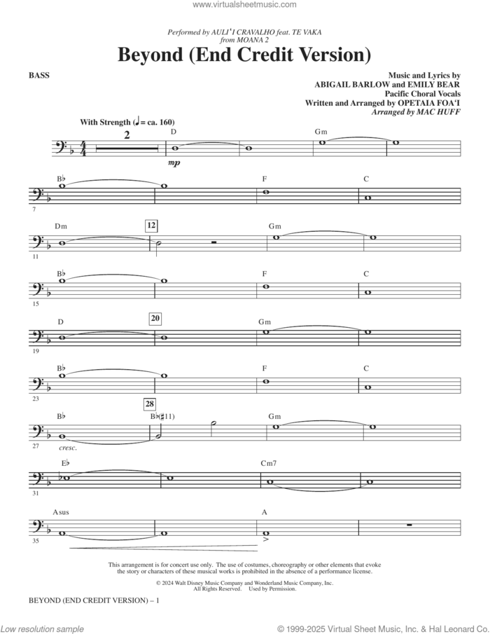 Beyond (End Credit Version) (arr. Mac Huff) sheet music for orchestra/band (bass) by Opetaia Foa'i, Mac Huff, Abigail Barlow and Emily Bear, intermediate skill level
