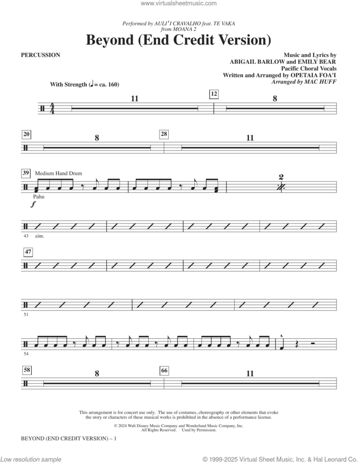 Beyond (End Credit Version) (arr. Mac Huff) sheet music for orchestra/band (percussion) by Opetaia Foa'i, Mac Huff, Abigail Barlow and Emily Bear, intermediate skill level