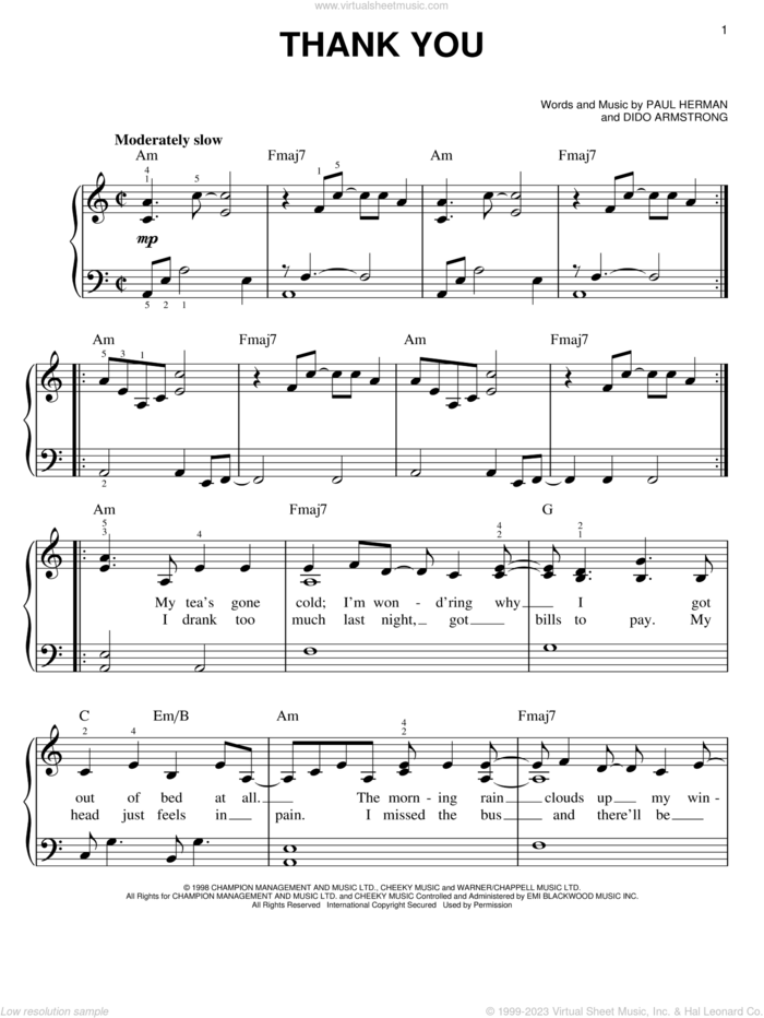 Thank You sheet music for piano solo by Dido Armstrong and Paul Herman, easy skill level