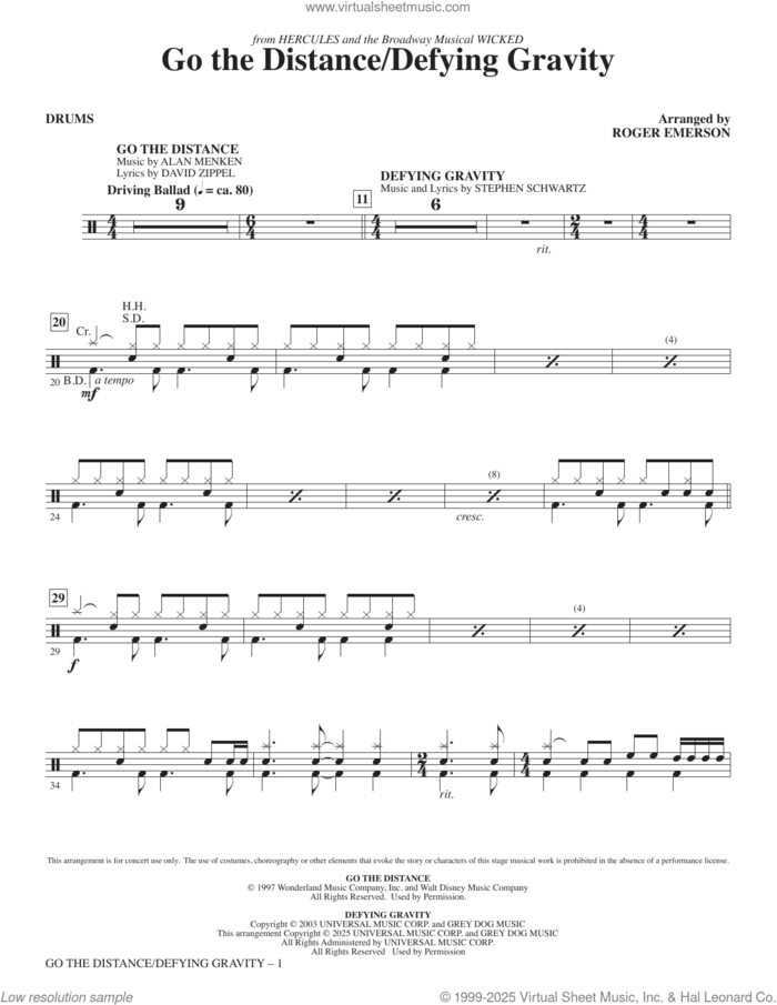 Go The Distance / Defying Gravity sheet music for orchestra/band (drums) by Alan Menken, Roger Emerson, David Zippel and Stephen Schwartz, intermediate skill level