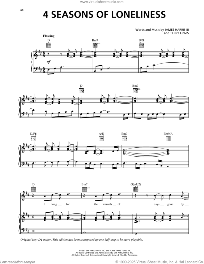 4 Seasons Of Loneliness sheet music for voice, piano or guitar by Boyz II Men, James Harris and Terry Lewis, intermediate skill level