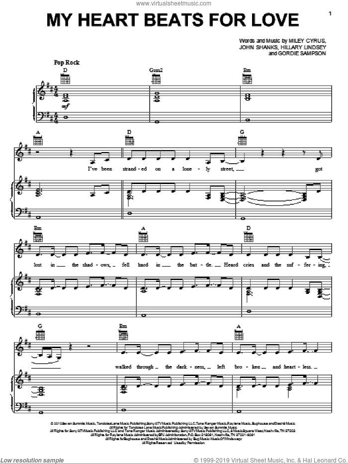 My Heart Beats For Love sheet music for voice, piano or guitar by Miley Cyrus, Gordie Sampson, Hillary Lindsey and John Shanks, intermediate skill level