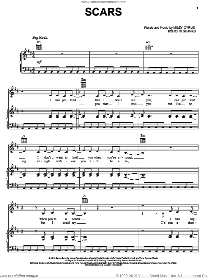 Scars sheet music for voice, piano or guitar by Miley Cyrus and John Shanks, intermediate skill level