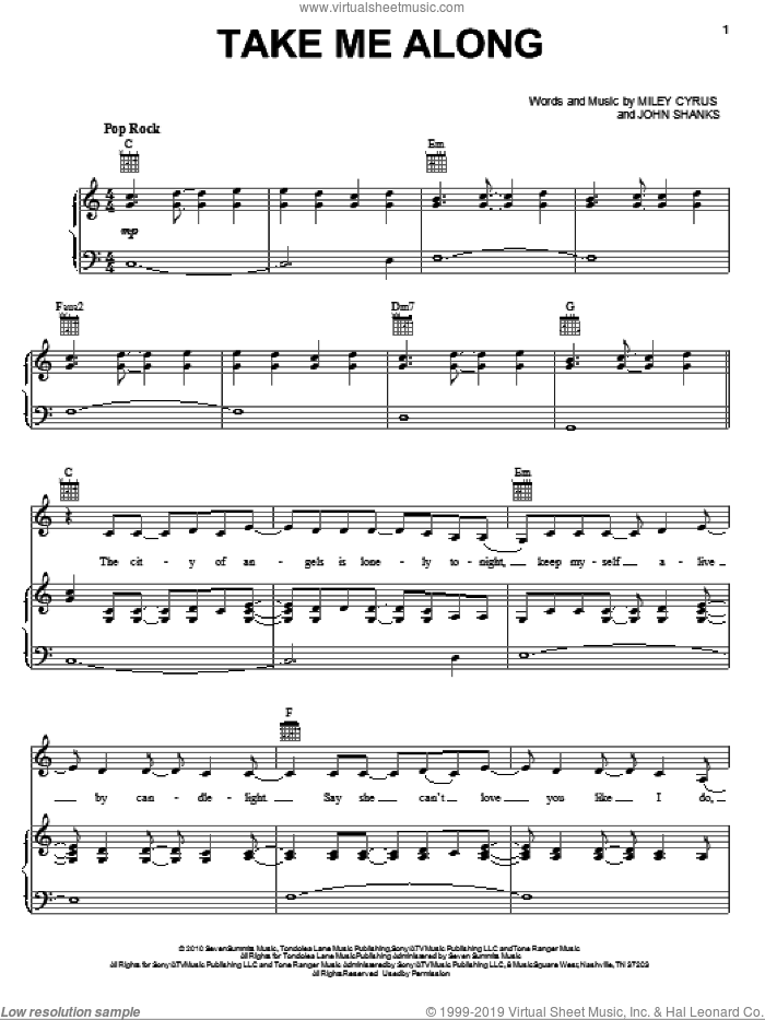 Take Me Along sheet music for voice, piano or guitar by Miley Cyrus and John Shanks, intermediate skill level