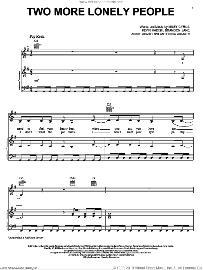Two More Lonely People sheet music for voice, piano or guitar by Miley Cyrus, Angie Aparo, Antonina Armato, Brandon Jane and Kevin Kadish, intermediate skill level