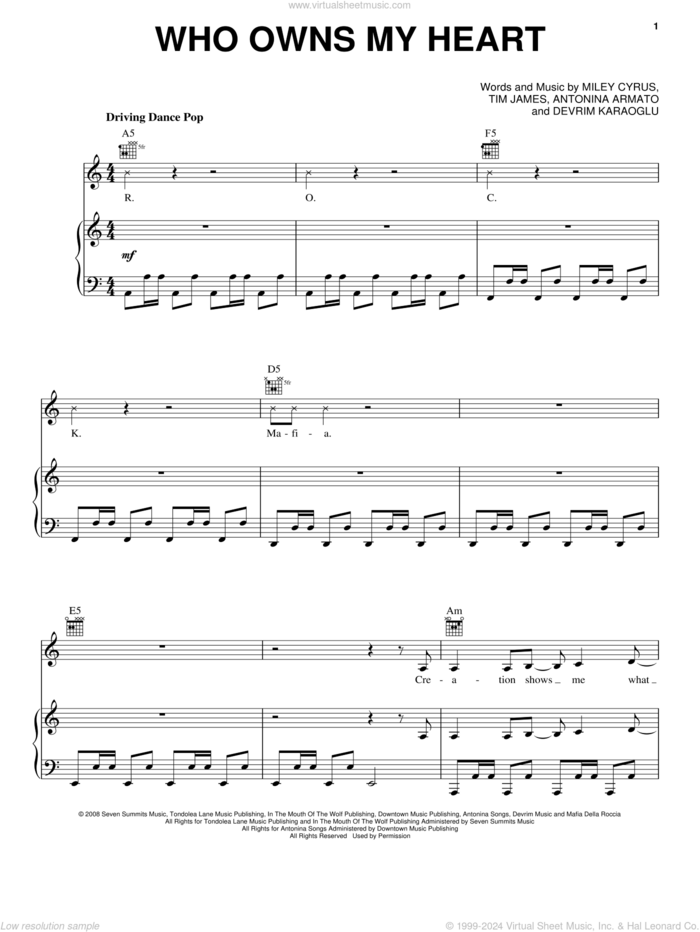 Who Owns My Heart sheet music for voice, piano or guitar by Miley Cyrus, Antonina Armato, Devrim Karaoglu and Tim James, intermediate skill level