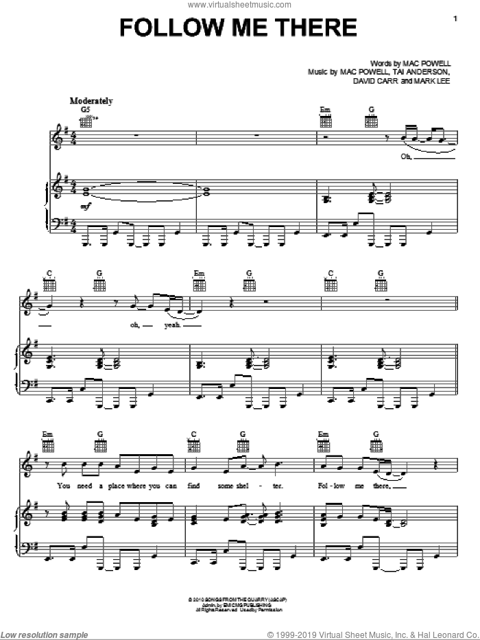 Follow Me There sheet music for voice, piano or guitar by Third Day, David Carr, Mac Powell, Mark Lee and Tai Anderson, intermediate skill level