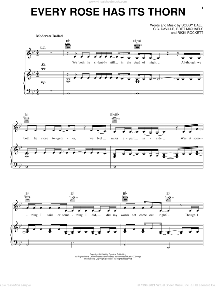 Every Rose Has Its Thorn sheet music for voice, piano or guitar by Miley Cyrus, Poison, Bobby Dall, Bret Michaels, C.C. Deville and Rikki Rockett, intermediate skill level
