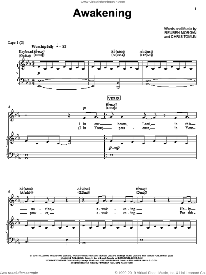 Awakening sheet music for voice, piano or guitar by Chris Tomlin and Reuben Morgan, intermediate skill level