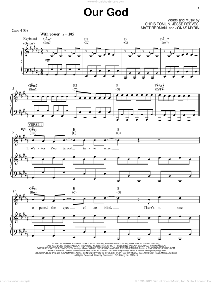 Our God sheet music for voice, piano or guitar by Chris Tomlin, Jesse Reeves, Jonas Myrin and Matt Redman, intermediate skill level