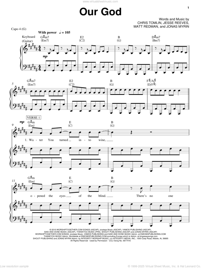 Our God sheet music for voice, piano or guitar by Chris Tomlin, Jesse Reeves, Jonas Myrin and Matt Redman, intermediate skill level