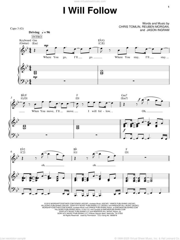 I Will Follow sheet music for voice, piano or guitar by Chris Tomlin, Jason Ingram and Reuben Morgan, intermediate skill level