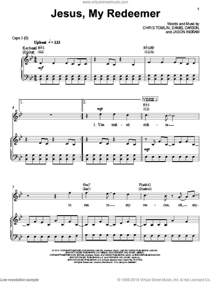 Jesus, My Redeemer sheet music for voice, piano or guitar by Chris Tomlin, Daniel Carson and Jason Ingram, intermediate skill level