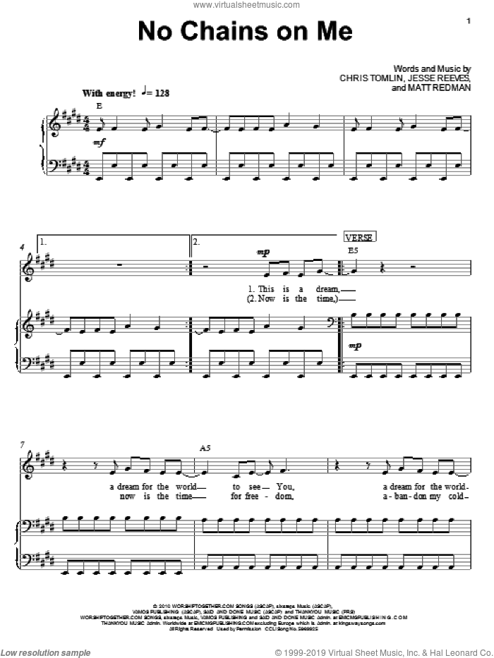 No Chains On Me sheet music for voice, piano or guitar by Chris Tomlin, Jesse Reeves and Matt Redman, intermediate skill level