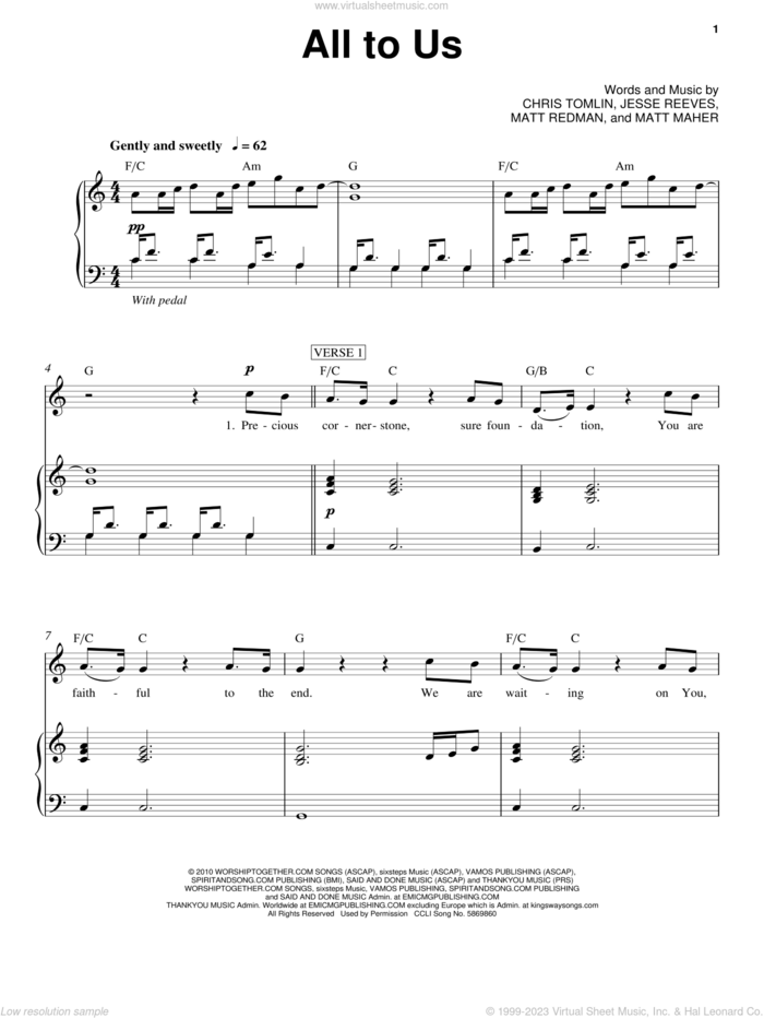 All To Us sheet music for voice, piano or guitar by Chris Tomlin, Jesse Reeves, Matt Maher and Matt Redman, intermediate skill level