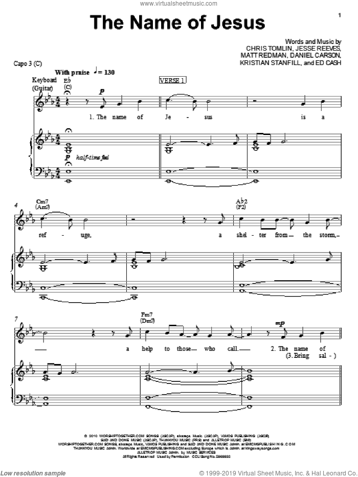 The Name Of Jesus sheet music for voice, piano or guitar by Chris Tomlin, Daniel Carson, Ed Cash, Jesse Reeves, Kristian Stanfill and Matt Redman, intermediate skill level