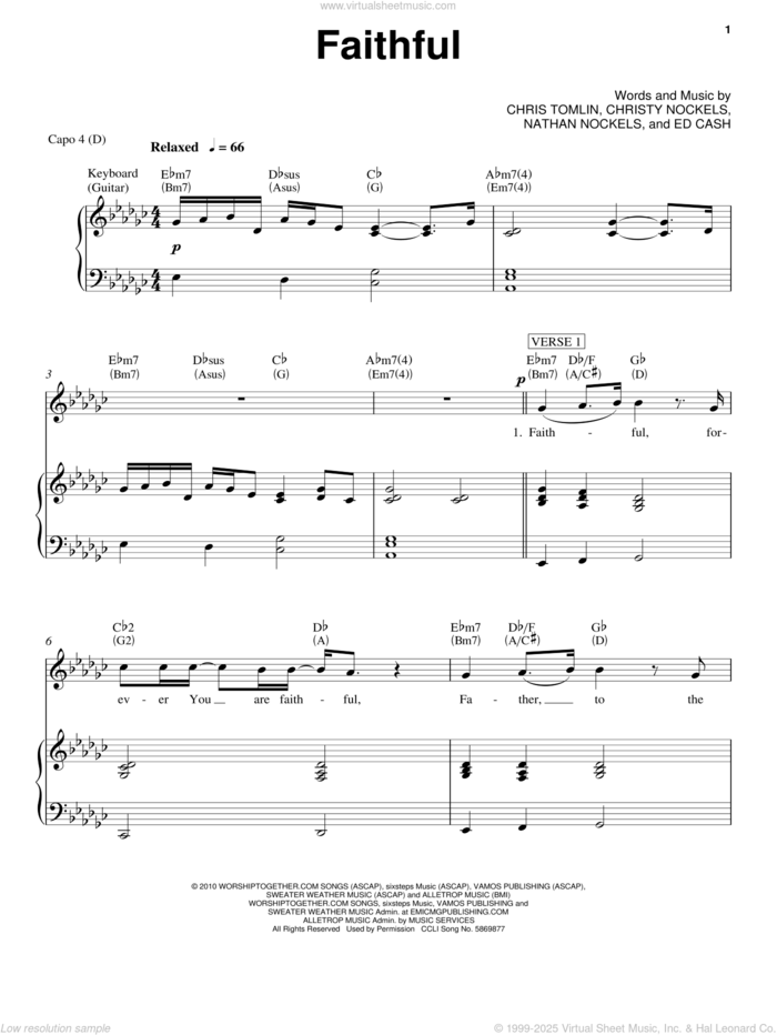 Faithful sheet music for voice, piano or guitar by Chris Tomlin, Christy Nockels, Ed Cash and Nathan Nockels, intermediate skill level