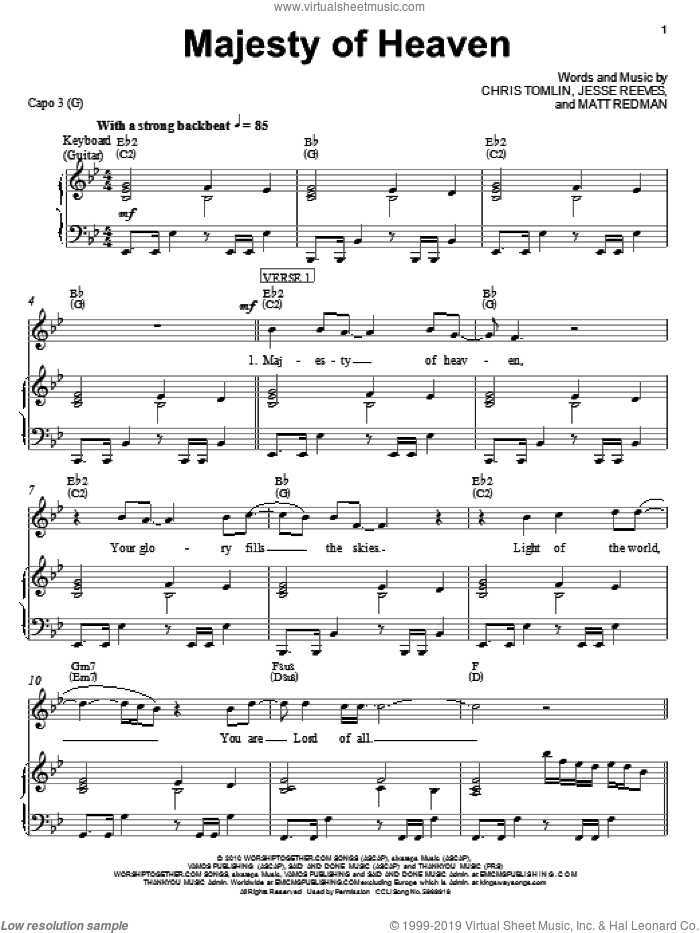 Majesty Of Heaven sheet music for voice, piano or guitar by Chris Tomlin, Jesse Reeves and Matt Redman, intermediate skill level