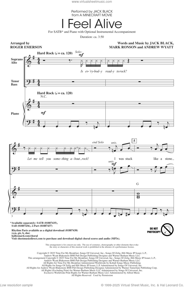 I Feel Alive (from A Minecraft Movie) (arr. Roger Emerson) sheet music for choir (SATB: soprano, alto, tenor, bass) by Jack Black, Roger Emerson, Andrew Wyatt and Mark Ronson, intermediate skill level