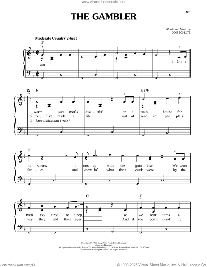The Gambler, (easy) sheet music for piano solo by Kenny Rogers and Don Schlitz, easy skill level