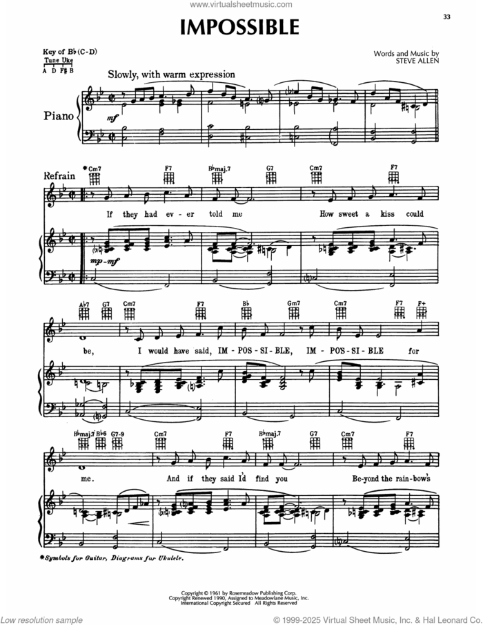 Impossible sheet music for voice, piano or guitar by Steve Allen, intermediate skill level