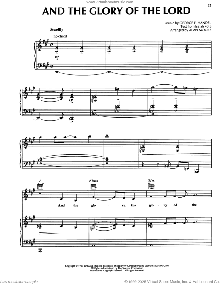 And The Glory Of The Lord sheet music for voice, piano or guitar by George Frideric Handel and Alan Moore, intermediate skill level