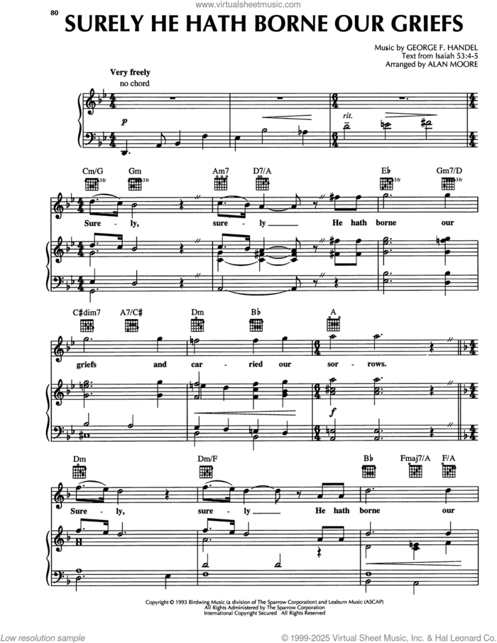 Surely He Hath Borne Our Griefs sheet music for voice, piano or guitar by George Frideric Handel and Alan Moore, intermediate skill level