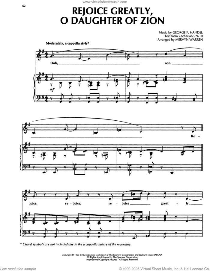 Rejoice Greatly, O Daughter Of Zion sheet music for voice, piano or guitar by George Frideric Handel and Mervyn Warren, intermediate skill level
