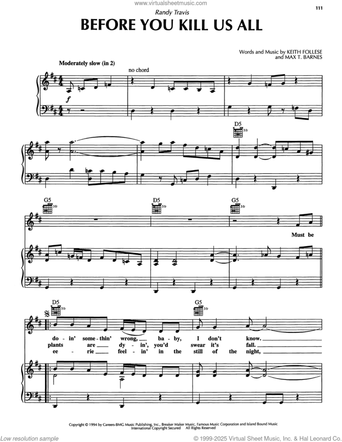 Before You Kill Us All sheet music for voice, piano or guitar by Randy Travis, Keith Follese and Max T. Barnes, intermediate skill level