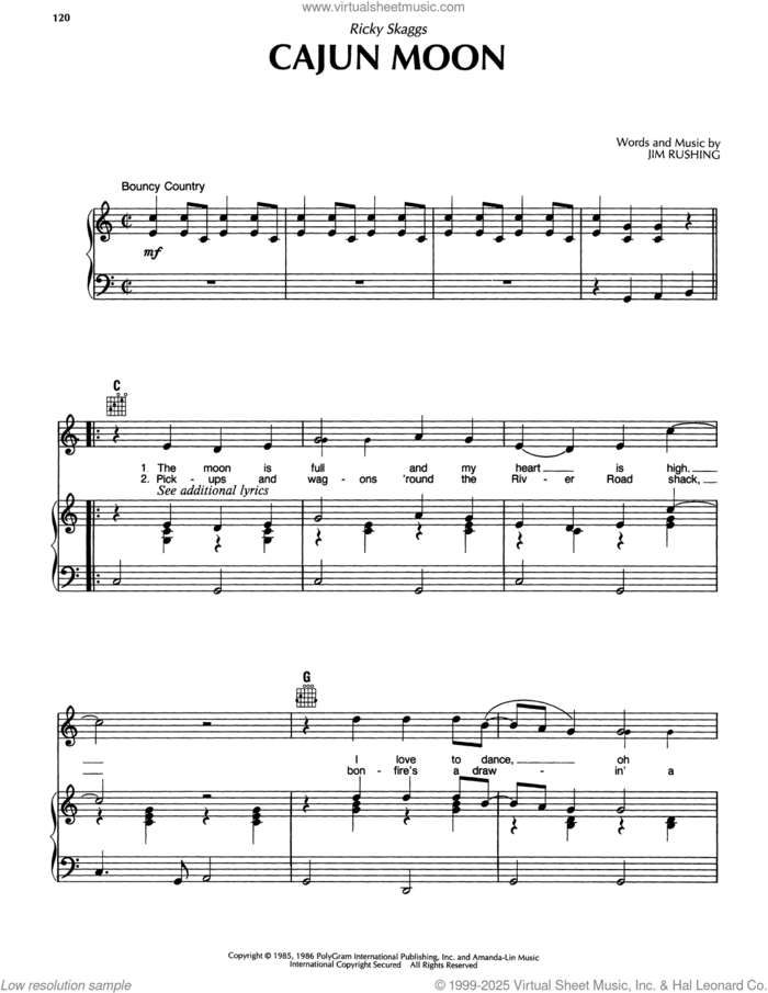 Cajun Moon sheet music for voice, piano or guitar by Ricky Skaggs and Jim Rushing, intermediate skill level