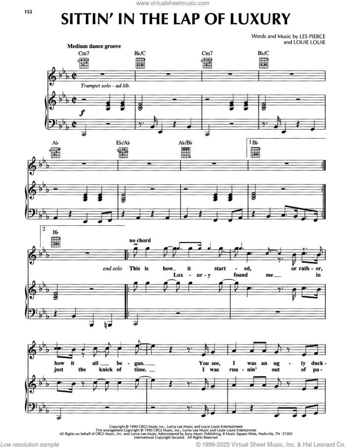 Sittin' In The Lap Of Luxury sheet music for voice, piano or guitar by Louie Louie and Les Pierce, intermediate skill level