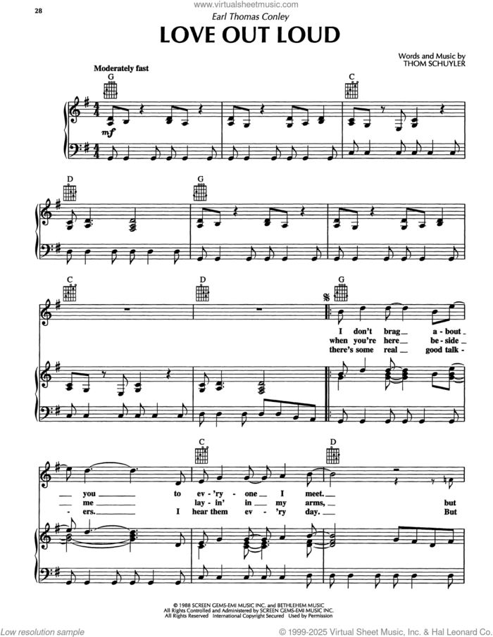 Love Out Loud sheet music for voice, piano or guitar by Earl Thomas Conley and Thom Schuyler, intermediate skill level