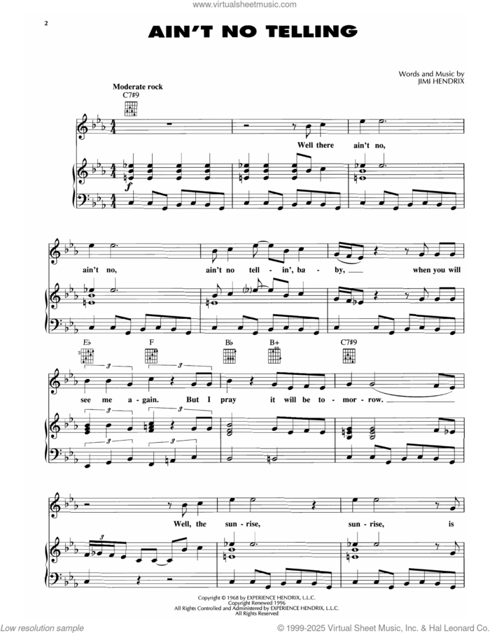 Ain't No Telling sheet music for voice, piano or guitar by Jimi Hendrix, intermediate skill level