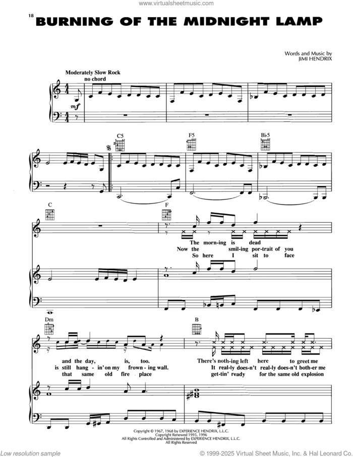 Burning Of The Midnight Lamp sheet music for voice, piano or guitar by Jimi Hendrix, intermediate skill level