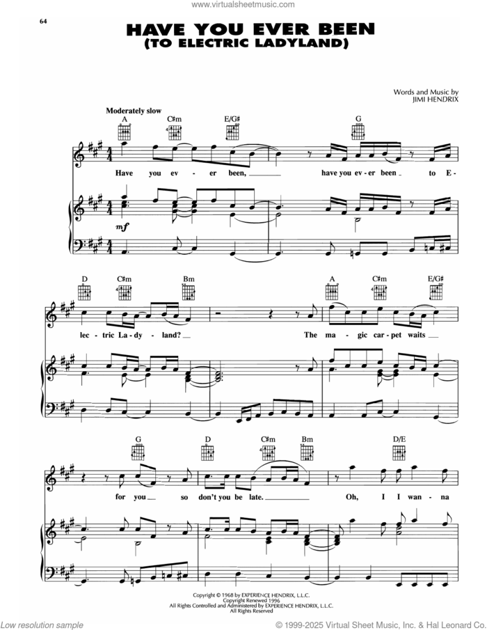 Have You Ever Been (To Electric Ladyland) sheet music for voice, piano or guitar by Jimi Hendrix, intermediate skill level