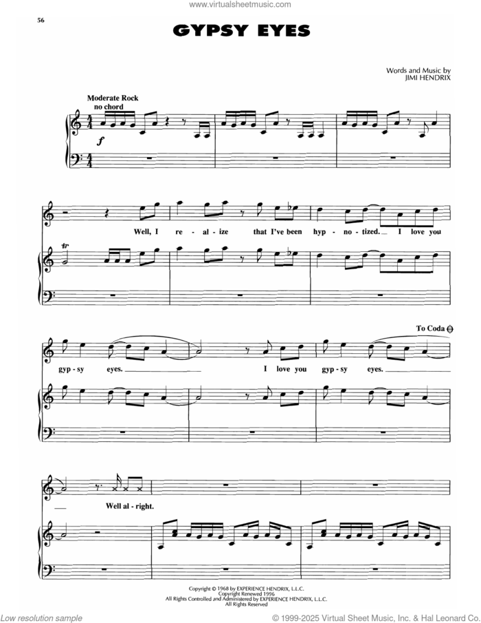 Gypsy Eyes sheet music for voice, piano or guitar by Jimi Hendrix, intermediate skill level