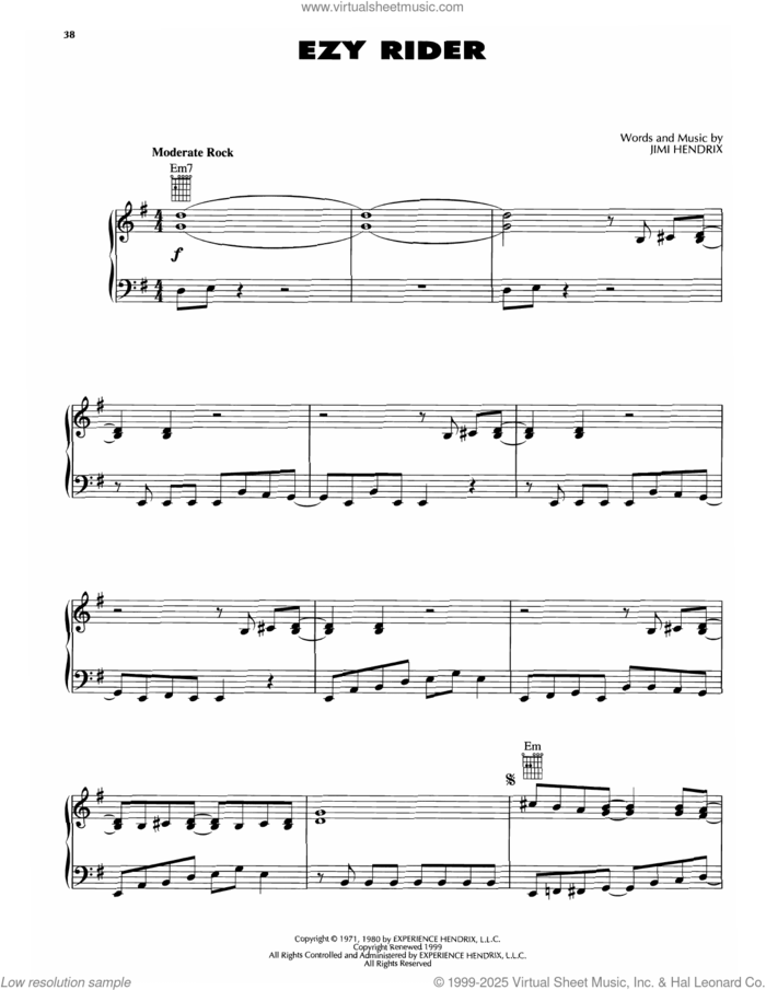 Ezy Ryder sheet music for voice, piano or guitar by Jimi Hendrix, intermediate skill level