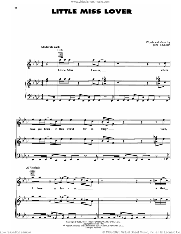 Little Miss Lover sheet music for voice, piano or guitar by Jimi Hendrix, intermediate skill level