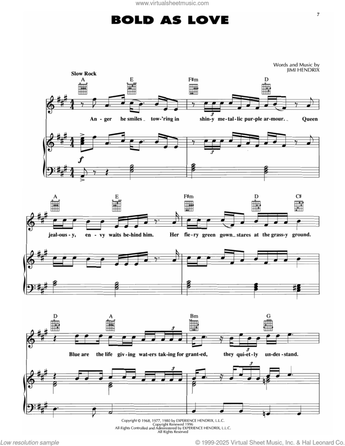 Bold As Love sheet music for voice, piano or guitar by Jimi Hendrix, intermediate skill level