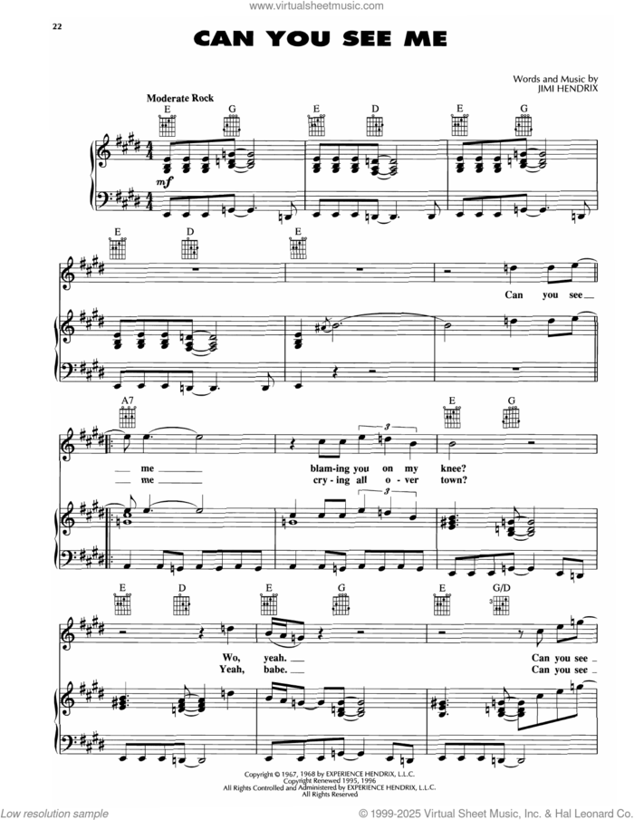Can You See Me sheet music for voice, piano or guitar by Jimi Hendrix, intermediate skill level