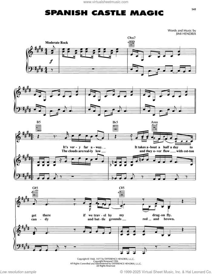 Spanish Castle Magic sheet music for voice, piano or guitar by Jimi Hendrix, intermediate skill level