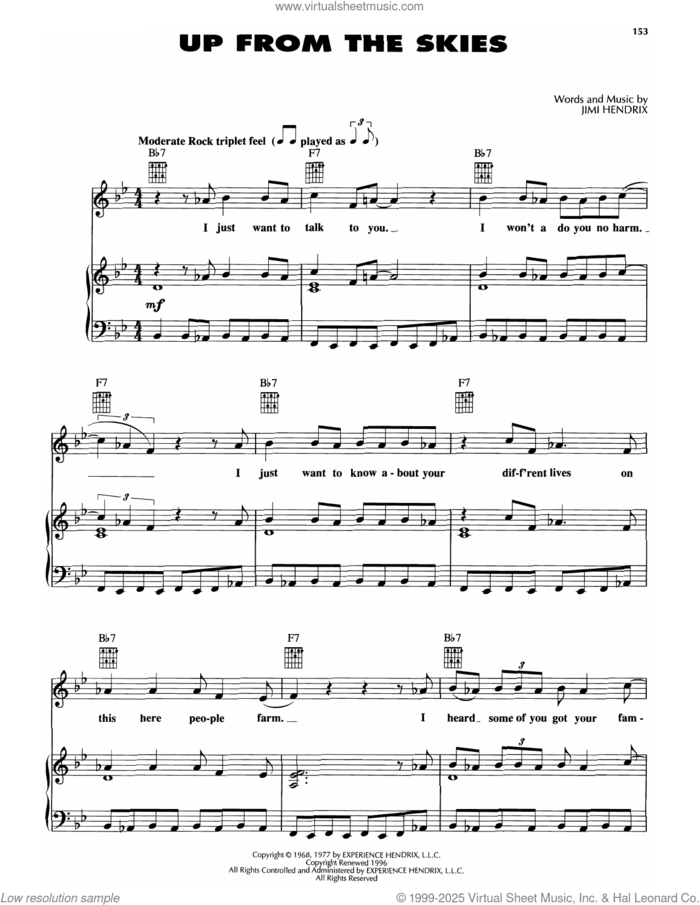 Up From The Skies sheet music for voice, piano or guitar by Jimi Hendrix, intermediate skill level
