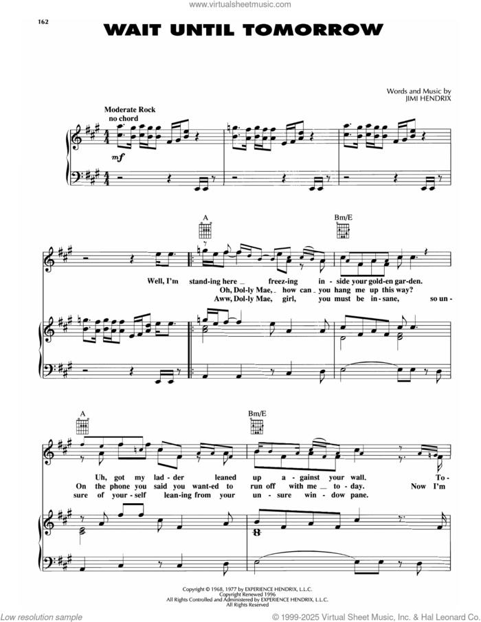 Wait Until Tomorrow sheet music for voice, piano or guitar by Jimi Hendrix, intermediate skill level