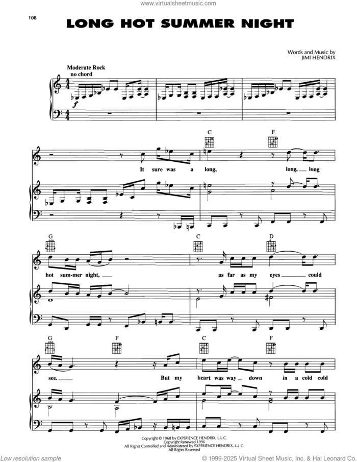 Long Hot Summer Night sheet music for voice, piano or guitar by Jimi Hendrix, intermediate skill level