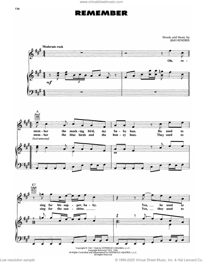 Remember sheet music for voice, piano or guitar by Jimi Hendrix, intermediate skill level