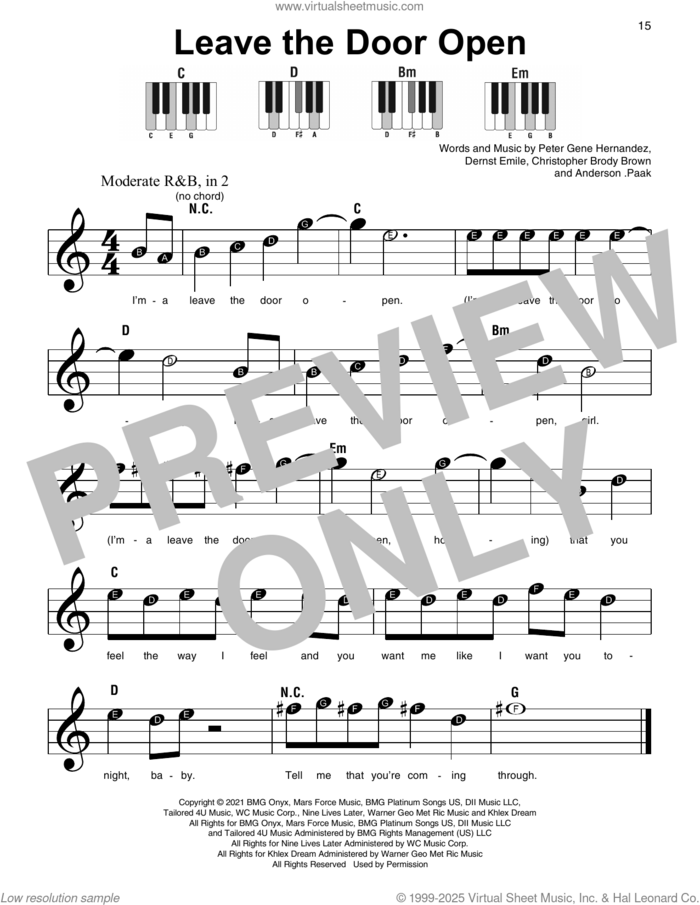 Leave The Door Open, (beginner) sheet music for piano solo by Silk Sonic, Anderson .Paak, Christopher Brody Brown, Dernst Emile II and Peter Gene Hernandez (Mars), beginner skill level