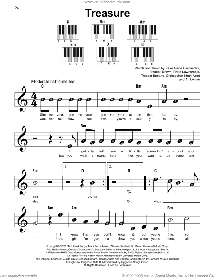 Treasure, (beginner) sheet music for piano solo by Bruno Mars, Ari Levine, Christopher Khan-Acito, Fredrick Brown, Peter Gene Hernandez (Mars), Philip Lawrence II and Thibaut Berland, beginner skill level