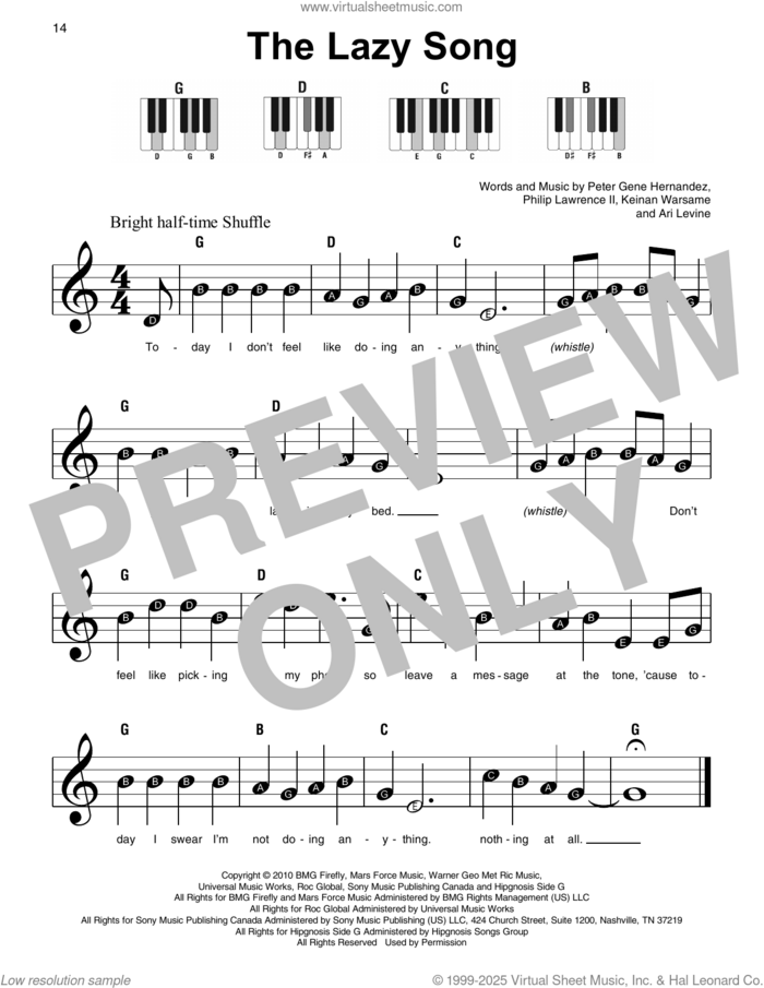 The Lazy Song, (beginner) sheet music for piano solo by Bruno Mars, Ari Levine, Keinan Warsame, Peter Gene Hernandez (Mars) and Philip Lawrence II, beginner skill level
