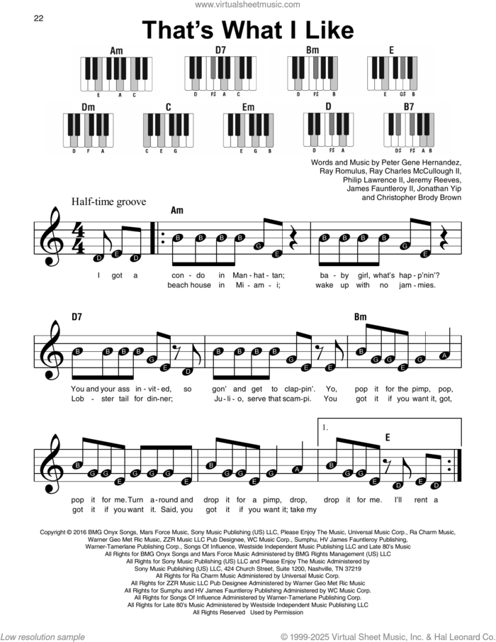 That's What I Like sheet music for piano solo by Bruno Mars, Christopher Brody Brown, James Fauntleroy, Jeremy Reeves, Jonathan Yip, Peter Gene Hernandez (Mars), Philip Lawrence II, Ray Charles McCullough II and Ray Romulus, beginner skill level